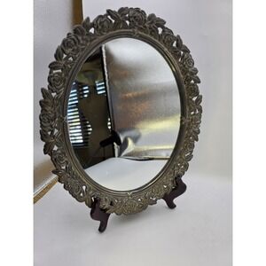 Vintage Oval Mirror Ornate Rose Frame‎ Bronze Gold Tone Vanity Decor 10"×12"